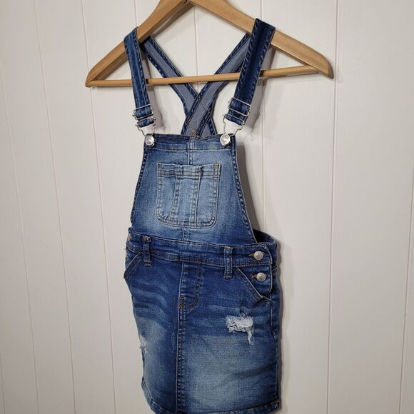 Wallflower Denim Dress Girls Size M 10/12 Blue Adjustable Straps Pockets - Picture 2 of 8